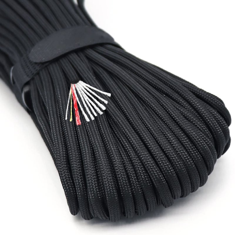 PSKOOK Survival Paracord Rope PSKOOK 100 Feet Fire Starter Parachute Cord 7-Strand Nylon with Red Tinder Cord PE Fishing Line Cotton Thread for Outdoor Lanyards, Bracelets, Handle Wraps (Black) - Image 1